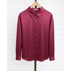 Chigant Burgundy Satin Silky Long Sleeve Collared Blouse L